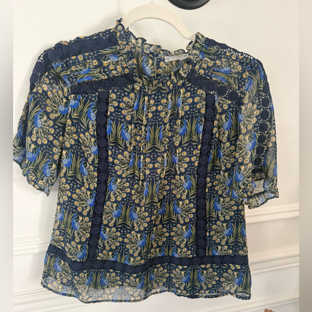 Daniel Rainn Navy Blue Floral Lace-Trim Blouse